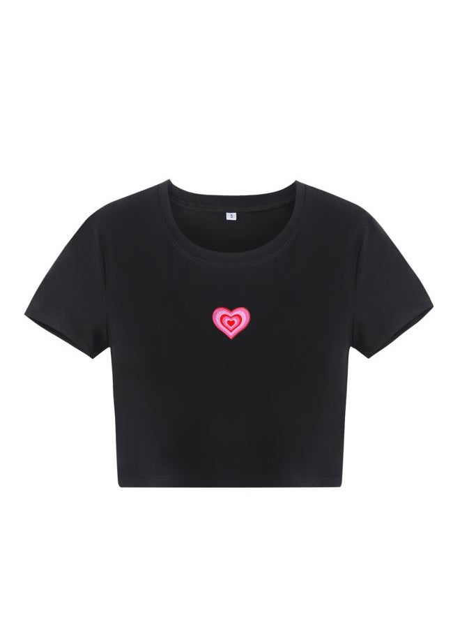 Generic - European And American Women's Spring And Summer New Love Printed Round Neck Navel Short Slim-fit Short-sleeved T-shirt - Image 1