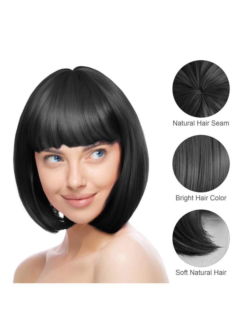 KASTWAVE 4 Pack Short Bob Wig Set for Women, with Black Bob Wigs, Sunglass and Wig Cap, New Natural Short Straight Wigs, Flat Bangs Wigs, Neon Fancy Dress Accessory Cosplay Party Wig, Synthetic Straight Wig - Image 2