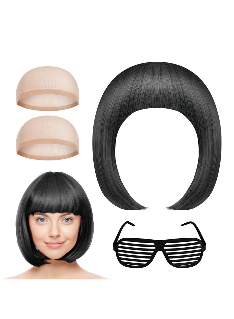 KASTWAVE 4 Pack Short Bob Wig Set for Women, with Black Bob Wigs, Sunglass and Wig Cap, New Natural Short Straight Wigs, Flat Bangs Wigs, Neon Fancy Dress Accessory Cosplay Party Wig, Synthetic Straight Wig - Image 1
