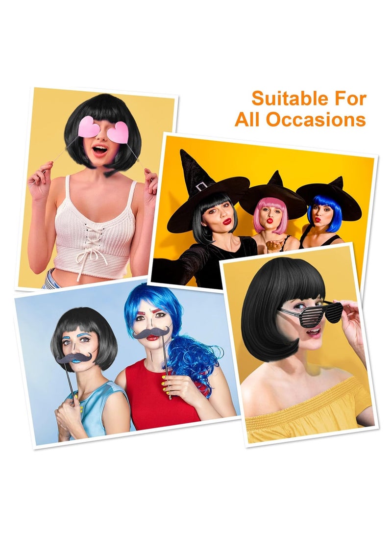 KASTWAVE 4 Pack Short Bob Wig Set for Women, with Black Bob Wigs, Sunglass and Wig Cap, New Natural Short Straight Wigs, Flat Bangs Wigs, Neon Fancy Dress Accessory Cosplay Party Wig, Synthetic Straight Wig - Image 3