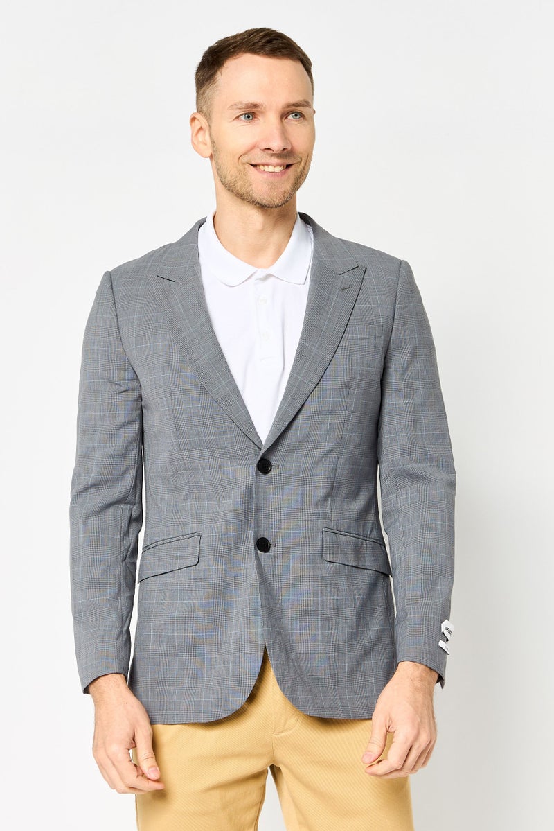 SELECTED Men Regular Fit Grid Pattern Casual Blazer, Grey - Image 1