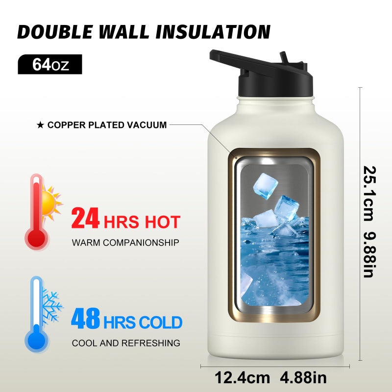 WATERSY 64oz Insulated Water Bottle (Cold for 48 Hrs),BPA Free&Leak Proof,Half Gallon Stainless Steel Water Flask,Water Jug with Straw Spout Lids for Gym,Hiking,Camping,White - Image 2