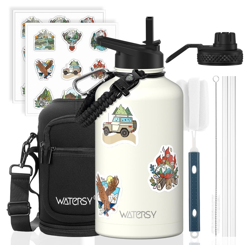 WATERSY 64oz Insulated Water Bottle (Cold for 48 Hrs),BPA Free&Leak Proof,Half Gallon Stainless Steel Water Flask,Water Jug with Straw Spout Lids for Gym,Hiking,Camping,White - Image 1