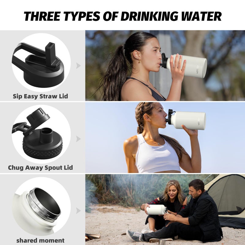 WATERSY 64oz Insulated Water Bottle (Cold for 48 Hrs),BPA Free&Leak Proof,Half Gallon Stainless Steel Water Flask,Water Jug with Straw Spout Lids for Gym,Hiking,Camping,White - Image 3