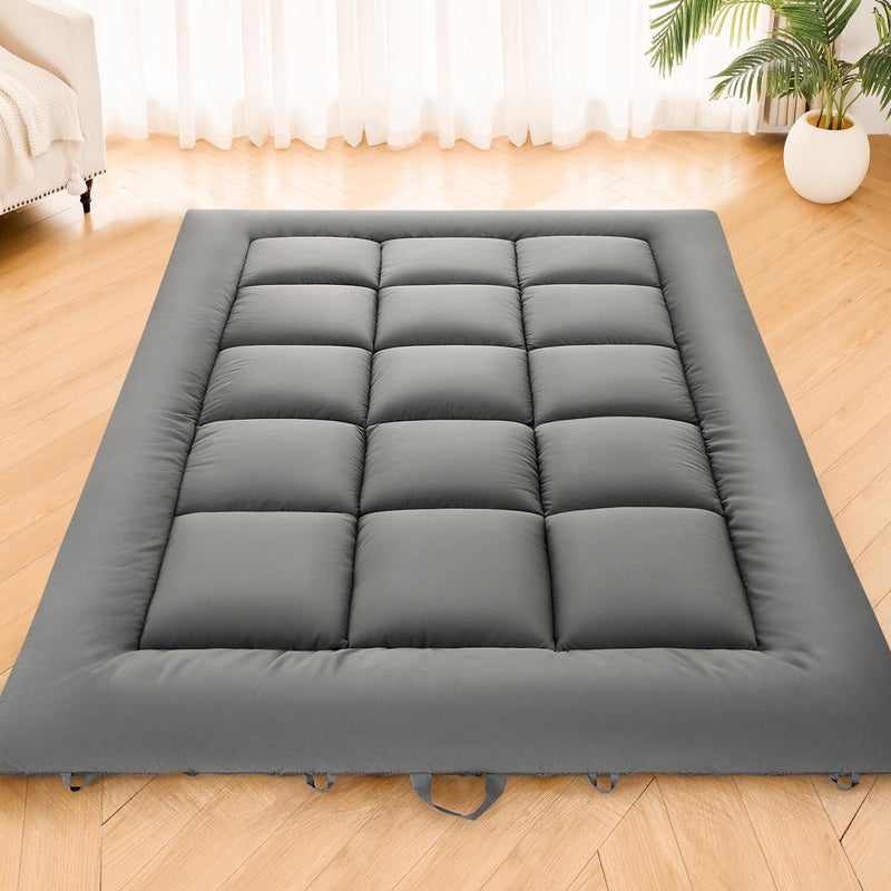 DOWNSTORIA Japanese Floor Mattress, Foldable Futon Mattress Tatami Mat with Handle, Roll Up Dormitory Sleeping Pad for Camping, Guestroom Bed, Full Size, Grey - Image 1