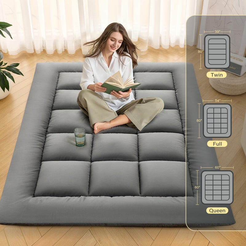 DOWNSTORIA Japanese Floor Mattress, Foldable Futon Mattress Tatami Mat with Handle, Roll Up Dormitory Sleeping Pad for Camping, Guestroom Bed, Full Size, Grey - Image 2