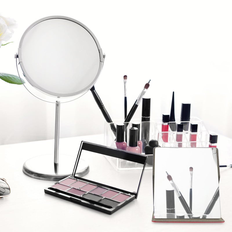 Red PU Stainless Steel Folding Makeup Mirror Portable Travel Pocket Cosmetic Mirror - Image 5