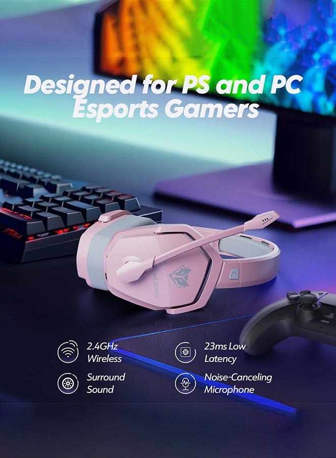 NUBWO Dual Wireless Gaming Headset with Microphone for PS5, PS4, PC, Mobile, Switch: 2.4GHz Wireless + Bluetooth - 100 Hr Battery - 50mm Drivers - Pink - Image 2