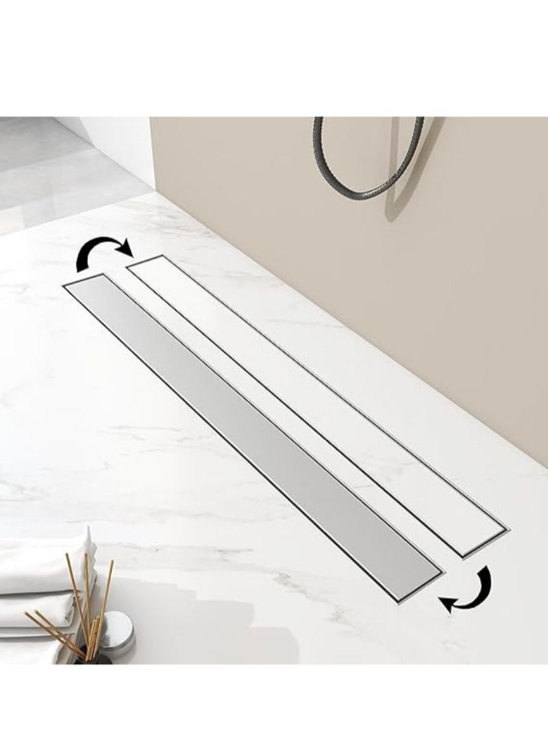 60 cm Linear Shower Drain | 2 in 1 Brushed Chrome | 304 Stainless Steel | Bathroom Drains Kit | Rectangle Shower Floor Drain with Reversable | Tile-in Pattern Drain | Cover & Hair Strainer - Image 1