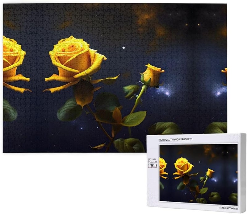 بازل فايا 1000 قطعة للكبار: الورود الصفراء تحت سماء الليل المرصعة بالنجوم، ديكور منزلي مقاس 29.5 × 19.7 بوصة - Image 1
