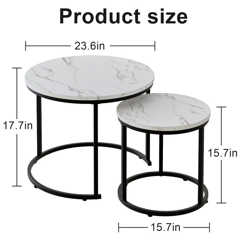 aboxoo Round Nesting Coffee Table Side Table Set of 2 End Tables for Living Room Bedroom Balcony, White Faux Marble Wooden Table Accent Coffee Table with Black Steel Frame - Image 3