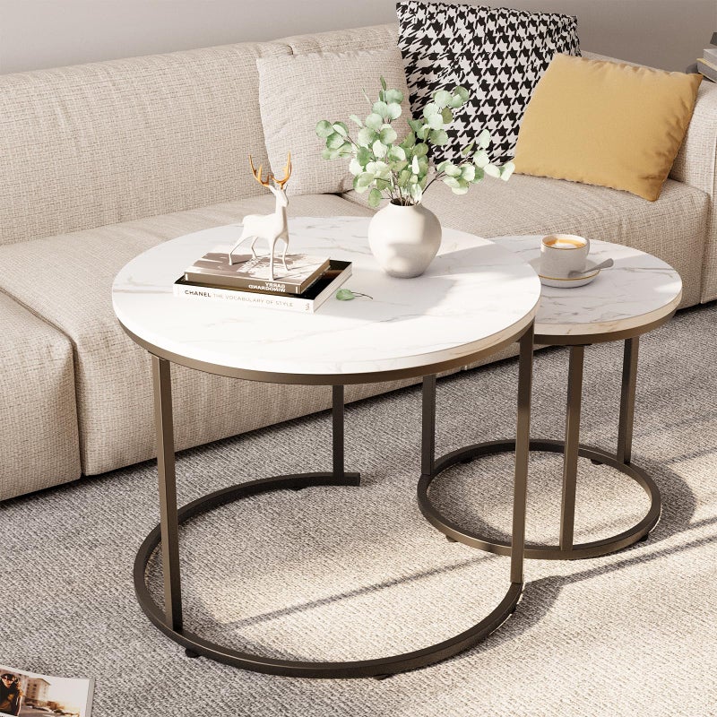 aboxoo Round Nesting Coffee Table Side Table Set of 2 End Tables for Living Room Bedroom Balcony, White Faux Marble Wooden Table Accent Coffee Table with Black Steel Frame - Image 2