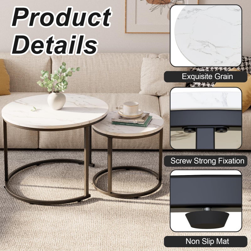 aboxoo Round Nesting Coffee Table Side Table Set of 2 End Tables for Living Room Bedroom Balcony, White Faux Marble Wooden Table Accent Coffee Table with Black Steel Frame - Image 5
