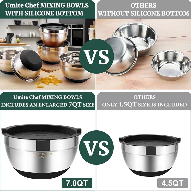 Umite Chef Mixing Bowls with Airtight Lids，6 piece Stainless Steel Metal Nesting Storage Bowls by, Non-Slip Bottoms Size 7, 3.5, 2.5, 2.0,1.5, 1QT, Great for Mixing & Serving(Black) - Image 5