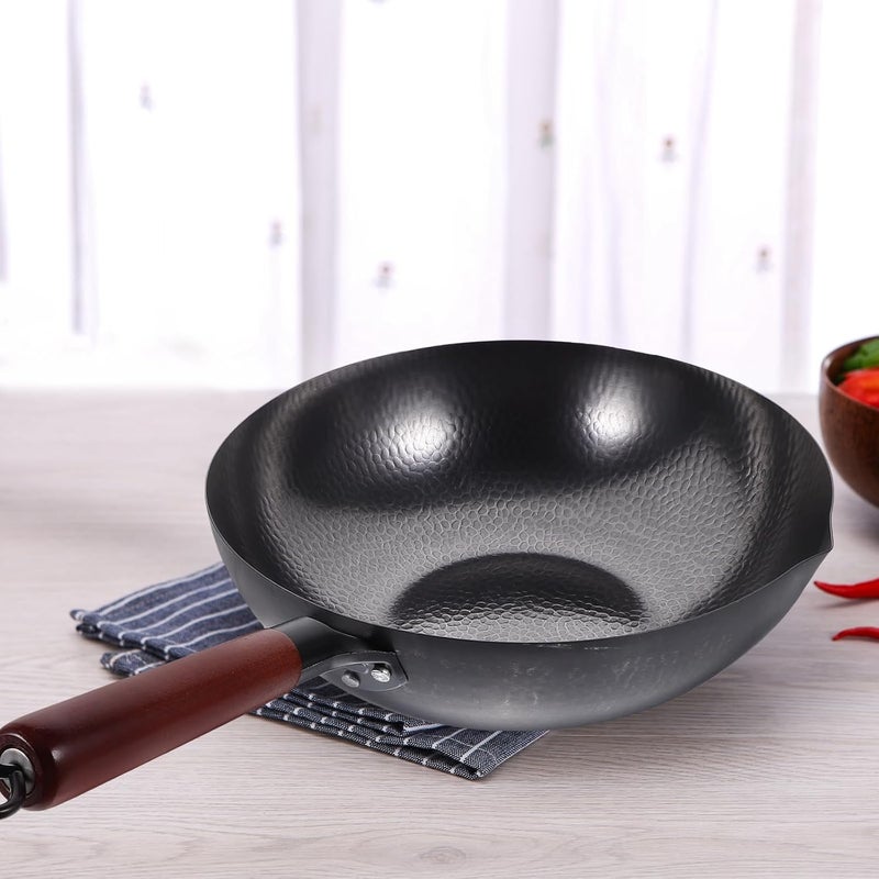Traditional Non-Stick Wrought Iron Wok Pan 32Cm Thick Forged Solid Iron with Wood Handle for Home Cooking Stir-Fry and Chinese Cuisine - Image 4