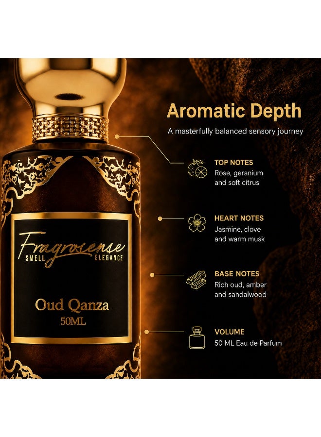 Fragrosense عطر عود قنزا للجنسين 50 مل، عطر عود طويل الأمد، رائحة خشبية دافئة غنية وفاخرة، عطر مميز للرجال والنساء - Image 2