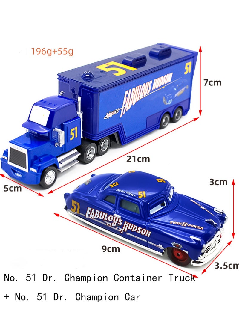 واباش فالي فارمز مجموعة ألعاب شاحنة وسيارة سباق رقم 51 من دكتور شامبيون، مجموعة مركبة شاحنة حاوية وسيارة مصبوبة، هدية مثالية للأولاد والبنات - Image 2