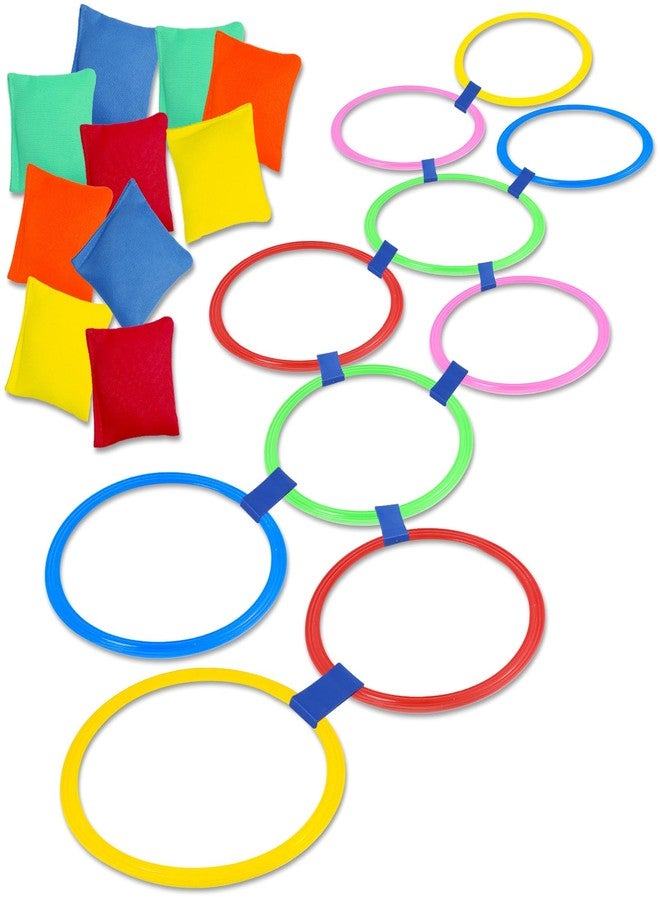 Cabaubl 2 in 1 Hopscotch and Bean Bag Toss Set, Hopscotch Ring Game, Bean Bag Toss Game,10 Multi-Colored Plastic Rings and 10 Connectors for Indoor Outdoor Balance Agility Training Obstacle Course - Image 1