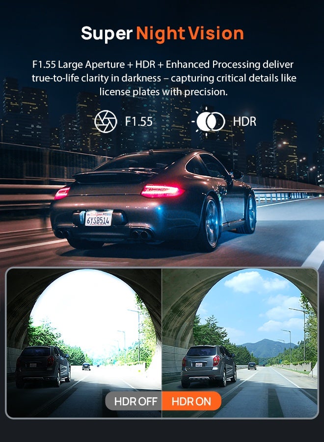 A410-1 Dash Cam Front and Rear, 2.5K+1080P Dual Dash Camera with HDR, Super Night Vision, F1.55 Aperture, 24H Parking Mode, Built-in Wi-Fi & GPS, G-Sensor, Loop Recording - Image 4