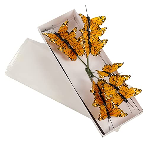 Berfutall- Monarch Butterfly Decor, Feather Butterfly Decorations Set of 12 with Wire, 3", Orange - Image 1