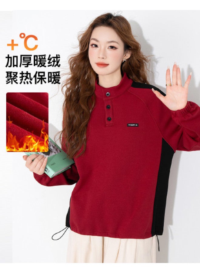 Jeanswest Fleece Hoodie Women'S Autumn Winter Thickened Color Block American Retro Stand Collar Side Drawstring Loose Comfortable Hoodie Women - Image 1