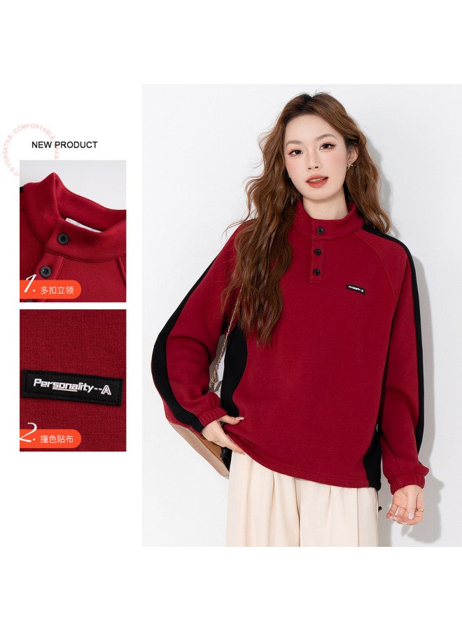 Jeanswest Fleece Hoodie Women'S Autumn Winter Thickened Color Block American Retro Stand Collar Side Drawstring Loose Comfortable Hoodie Women - Image 3
