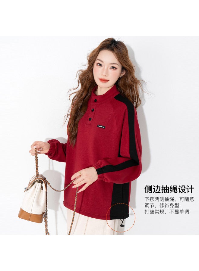Jeanswest Fleece Hoodie Women'S Autumn Winter Thickened Color Block American Retro Stand Collar Side Drawstring Loose Comfortable Hoodie Women - Image 4