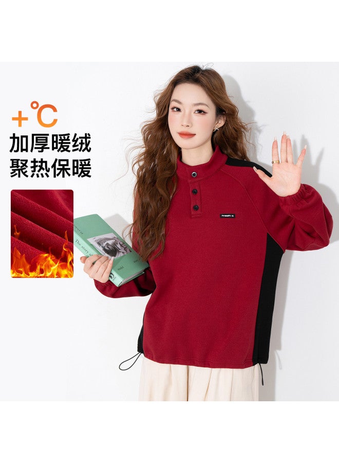 Jeanswest Fleece Hoodie Women'S Autumn Winter Thickened Color Block American Retro Stand Collar Side Drawstring Loose Comfortable Hoodie Women - Image 2