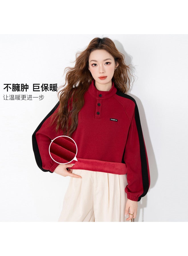 Jeanswest Fleece Hoodie Women'S Autumn Winter Thickened Color Block American Retro Stand Collar Side Drawstring Loose Comfortable Hoodie Women - Image 5