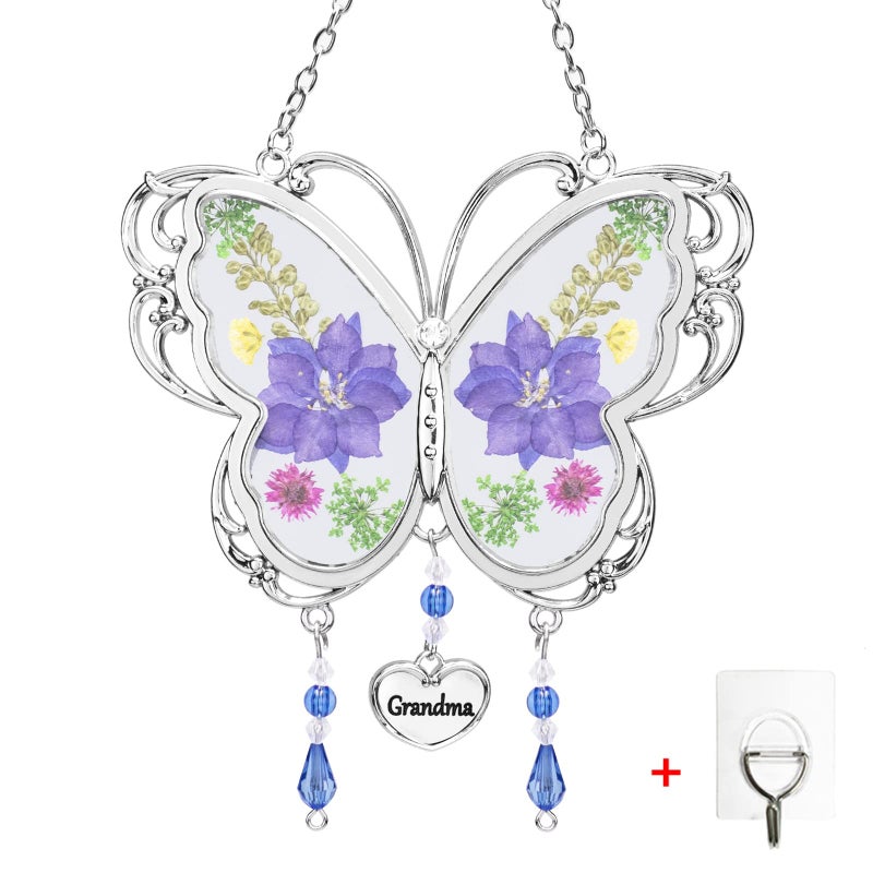 BOGDAN Crystal Butterfly Suncatcher with Pressed Flower Wings Mom Mothers Day Butterfly Glass Wind Chime Ornament Charm with Metal Heart Happy Birthday Gifts for Grandma with Free Hook Grandma