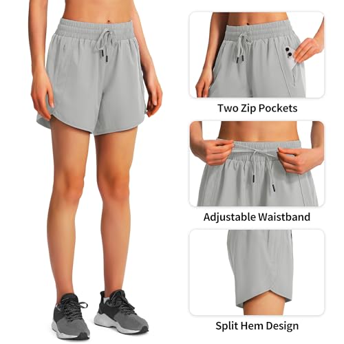 Ksmien Women's 5"/ 7" Athletic Running Shorts Quick Dry Lightweight Workout Gym Shorts with Zipper Pockets UPF 50+ Bright Grey XS - Image 5