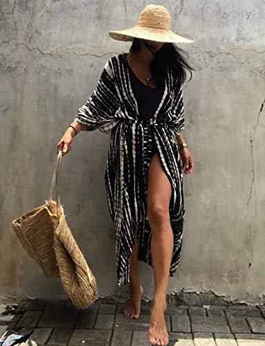 Bsubseach Stylish Tie Dye Open Front Long Kimono Swimsuit Cover Up for Women Swimwear Cover Ups Black - Image 2