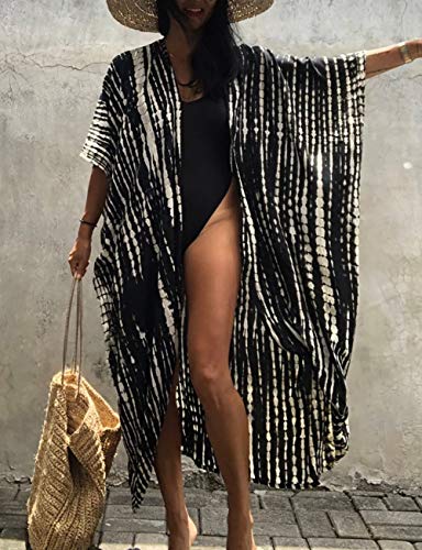 Bsubseach Stylish Tie Dye Open Front Long Kimono Swimsuit Cover Up for Women Swimwear Cover Ups Black - Image 3
