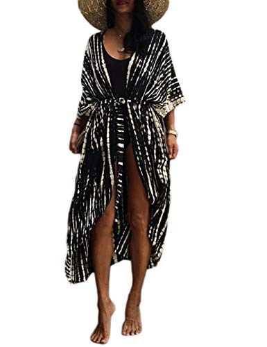 Bsubseach Stylish Tie Dye Open Front Long Kimono Swimsuit Cover Up for Women Swimwear Cover Ups Black - Image 1