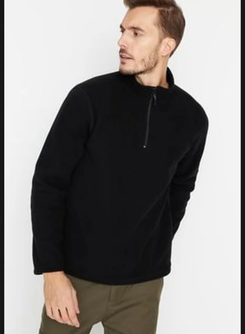 trendyol Black Men's Regular/Regular Cut Standing Collar Zippered Fleece Warm Thick Sweatshirt.