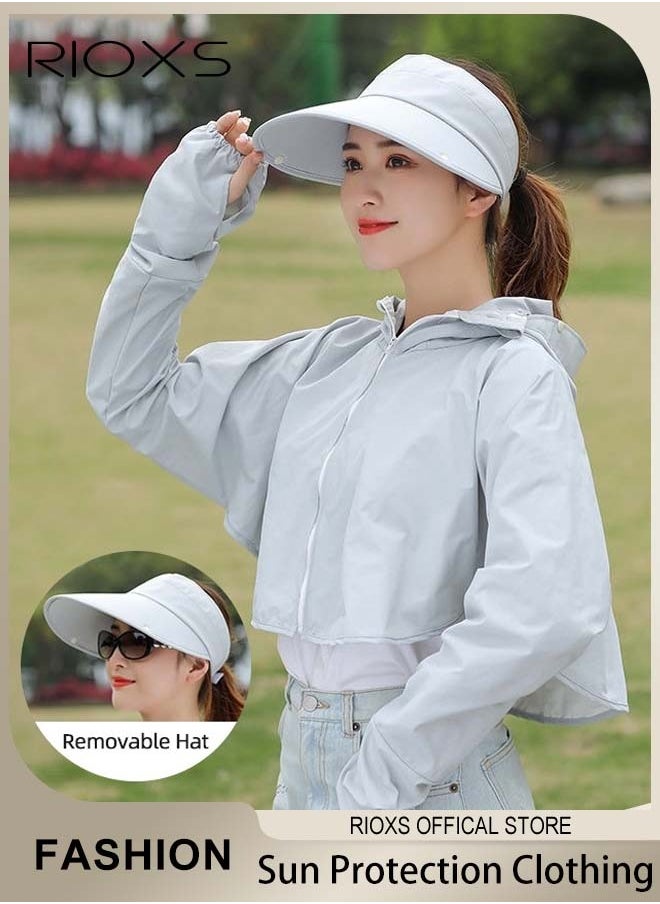 RIOXS Women's UPF 50+ Sun Protection Clothing, Outdoor Lightweight Full Zip Hoodie Jacket with Face Mask Design, Comfy Breathable Long Sleeve Coat with Thumbholes and Large Brim, Suitable for Daily Wear, Sports Training, Hiking, Fishing, Climbing or Other Outdoor Activities  - Image 1