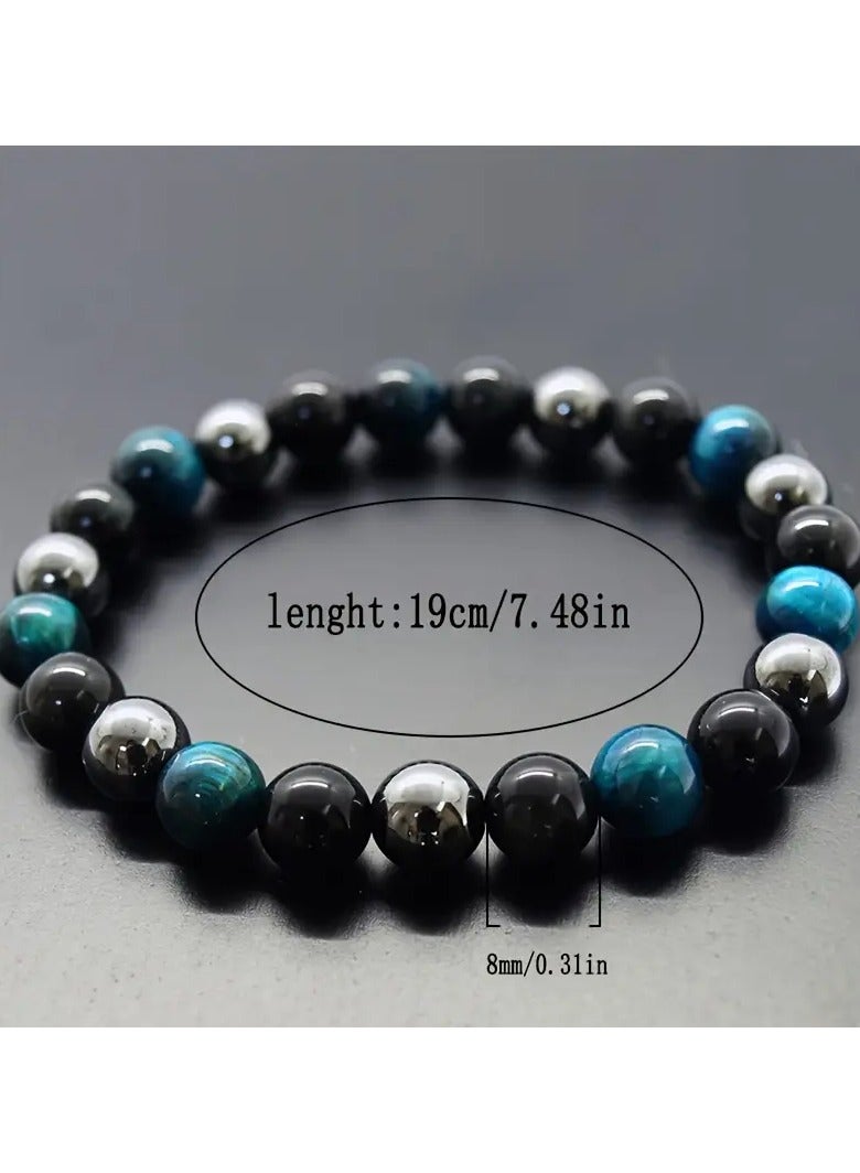 Home Clearance Sale 1pc Natural Stone Bracelet 8mm Blue Tiger Eye, Obsidian, Hematite Round Handmade Beaded Vintage Men Women Fashion Jewelry Accessories Holiday Gift for Him - Image 4