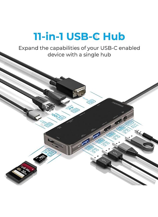 11 in 1 USB C Hub 4K HDMI and FHD VGA Dual Video Output Type C Hub, PD 100W, Gigabit Ethernet, 3 USB 3.0 Ports, USB C to 3.5mm, SD/TF Slot Multiport Adapter for MacBook Pro/Air 2023, HP,