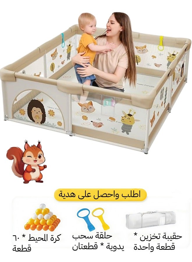 كاميليا سياج حوض لعب للأطفال، سياج حوض لعب آمنة كبيرة للأطفال الرضع والأطفال الصغار، سياج حوض لعب محمولة مضادة للسقوط مع شبكة قابلة للتنفس، تتضمن 60 كرة بحرية وحلقتين سحب وحقيبة تخزين (كاكي) - Image 1