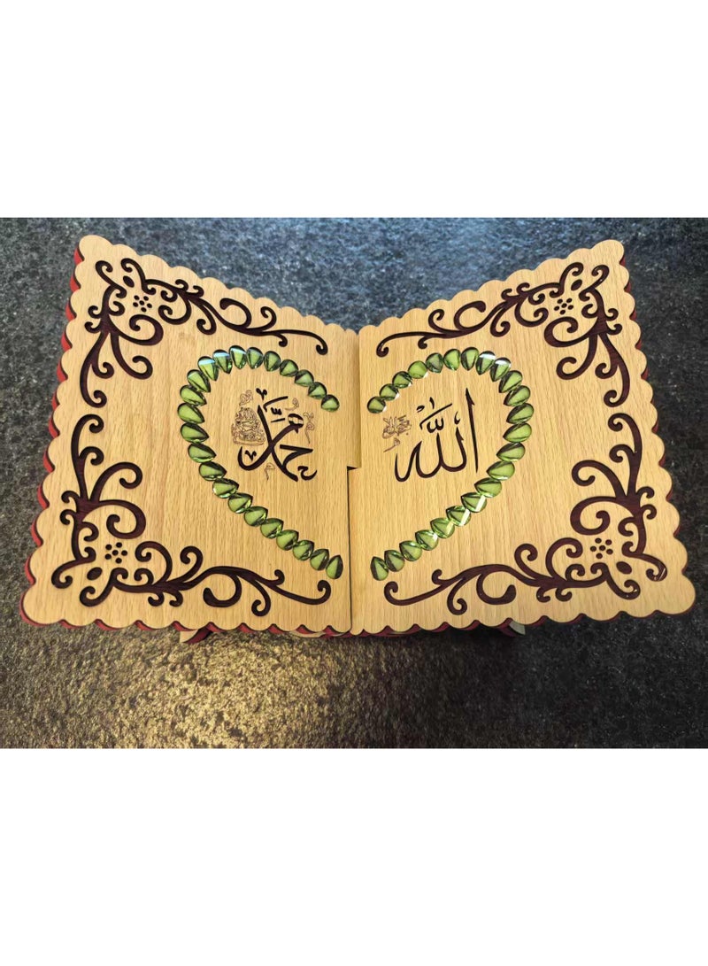 Fianser Wooden Quran Holder with Green Faux Gemstone Inlay – Traditional Carved Square Rehal – Sturdy Foldable Stand for Daily Prayer & Recitation - Image 3