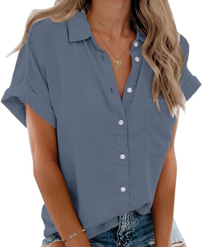 Beautife Womens Short Sleeve Shirts V Neck Collared Button Down Shirt Tops with Pockets Blue Grey - Image 1