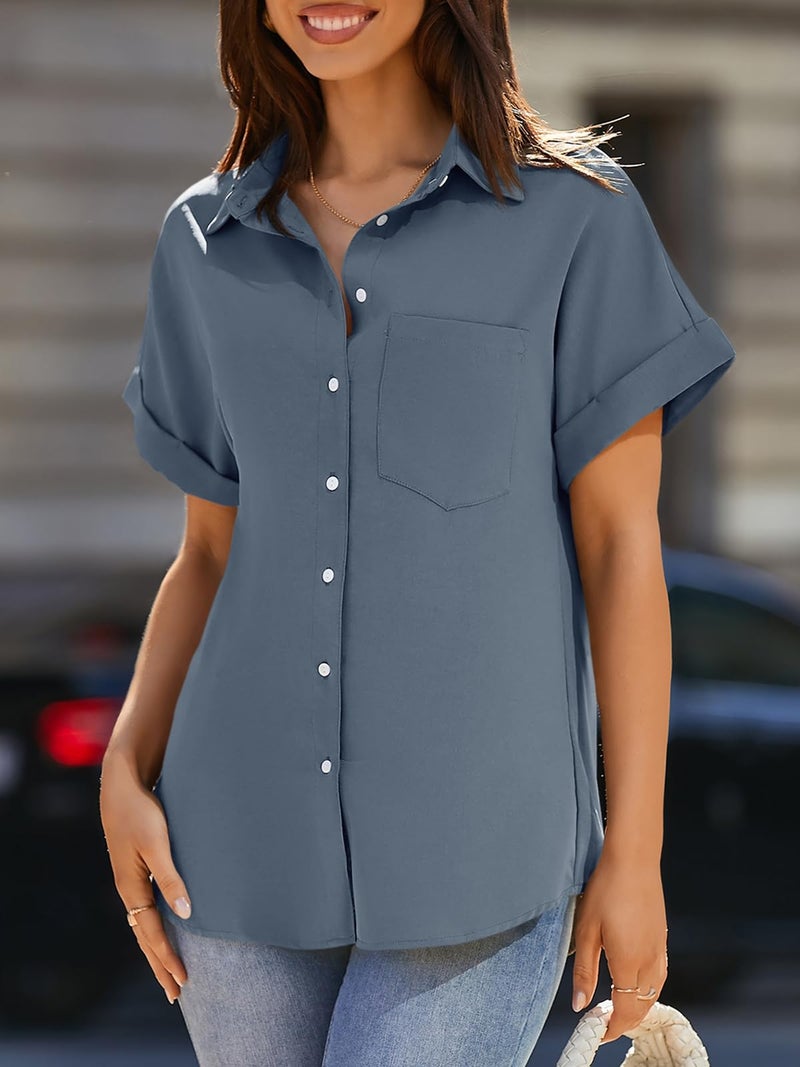 Beautife Womens Short Sleeve Shirts V Neck Collared Button Down Shirt Tops with Pockets Blue Grey - Image 2