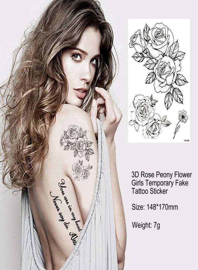 1 Sheet 3D Big Rose Peony Flower Girls Temporary Fake Tattoos Neck Shoulder Sleeve Tattoo Waterproof Tattoos Large Vine Peony Flower Rose DIY Tattoo Stickers for Women - Image 3