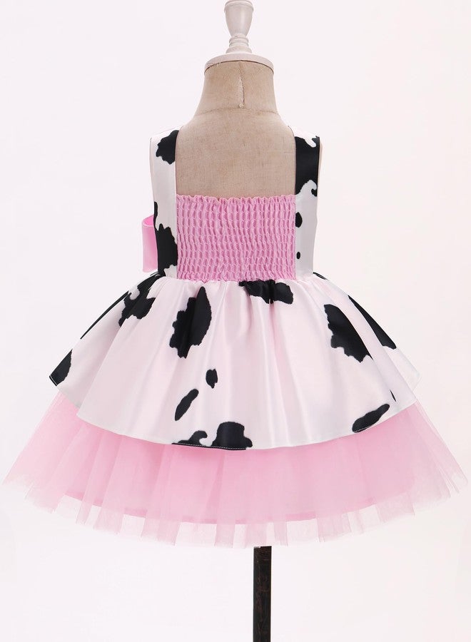 IBAKOM Baby Girl 2t 3t 4t 5t Cow Tulle Dress with Big Bow Toddler Sleeveless Smocked Back 1st Birthday Outfits Kids Flower Girl Summer Wedding Formal Dress Ball Gown Pink-Cow 12-18 Months - Image 3
