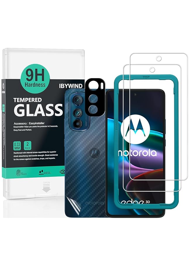 Ibywind Screen Protector For Motorola Edge 30 5G 6.5 Inch With 2 Pcs Tempered Glass 1Pc Camera Len Protector 1Pc Backing Carbon Fiber Film Fingerprint Reader Easy To Install - Image 1