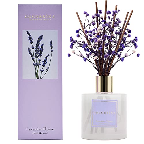 Cocorrna Premium Reed Diffuser Set with Preserved Babys Breath  Cotton Stick Lavender Thyme  67oz Scent Fragrance Lavender Oil Diffuser for Bedroom Bathroom Home Dcor