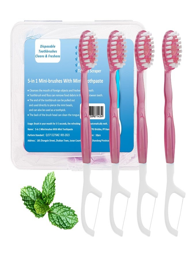 Malisseladi 5 in 1 Mini Brushes-Disposable Toothbrushes with Toothpaste + Floss + Pick + Tongue Scraper | Travel Size | Individually Wrapped | Soft | Mint | Travel Set (Peach, 10pcs) - Image 1