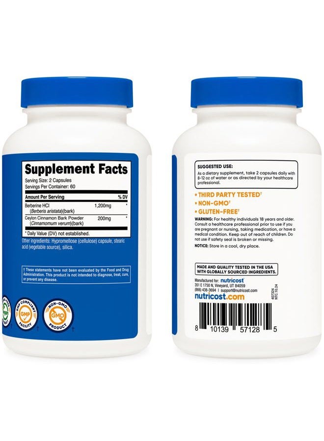 Nutricost Berberine HCl with Ceylon Cinnamon Capsules (120 Capsules, 60 Servings) - Non-GMO, Animal-Free Product - Image 4