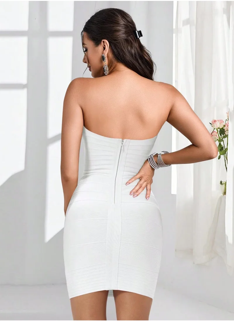 مدام يونيك Women's Solid Color Strapless Bandage Dress Cocktail Bodycon White Dress