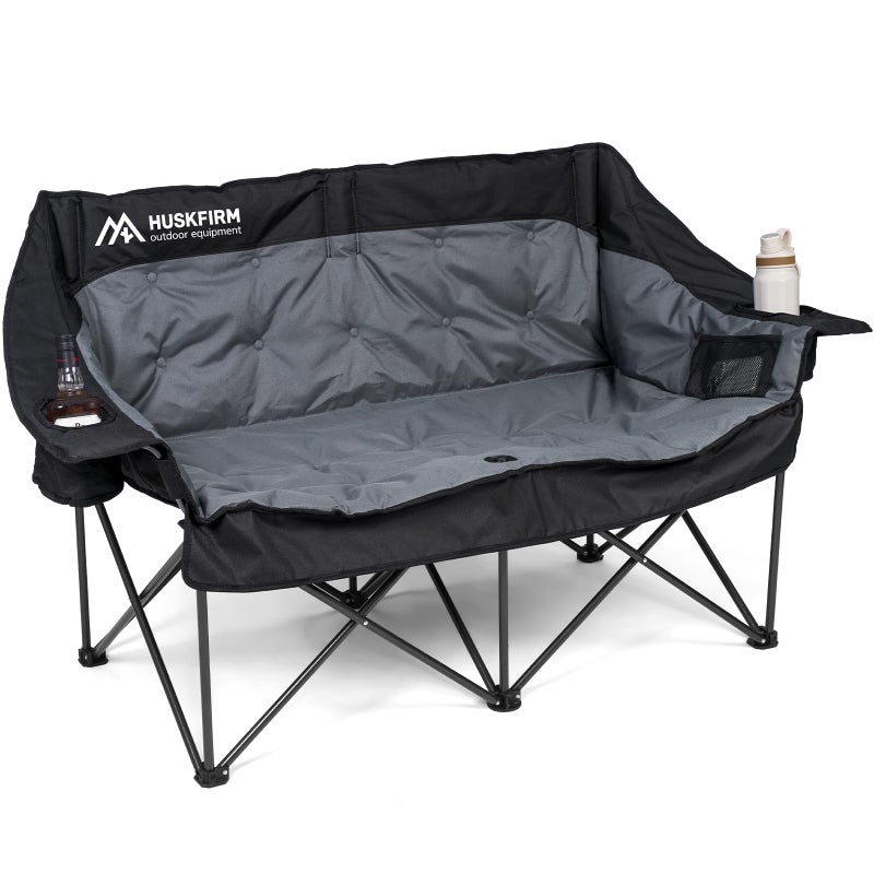 Huskfirm Double Camping Chair Oversized Padded Camping Chairs for Adults Folding Loveseat with Cup Holders and Side Pockets Heavy Duty Outdoor Lawn Chairs for Camping,Sports, Fishing,Beach,Black - Image 1